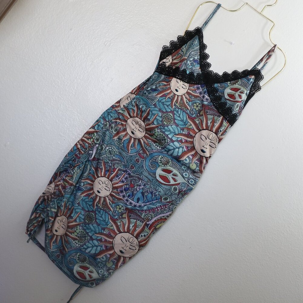 Romwe Sun & Zen Print Adjustable Ruched Dress | Lace Trim | Size Small | NWT